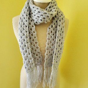 Crochet Gray Fringe Scarf/New